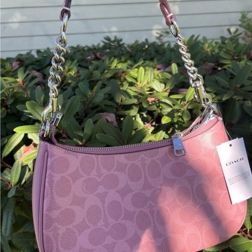 COACH Pink Signature Small Shoulder Bag with Mixed-Metal Chain - Picture 3 of 6